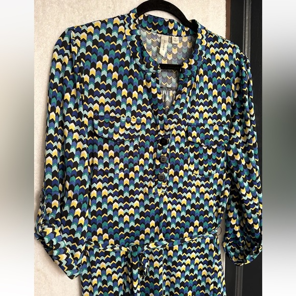 tacera women green Zig Zag Print button up shirt dress size L - Picture 4 of 16